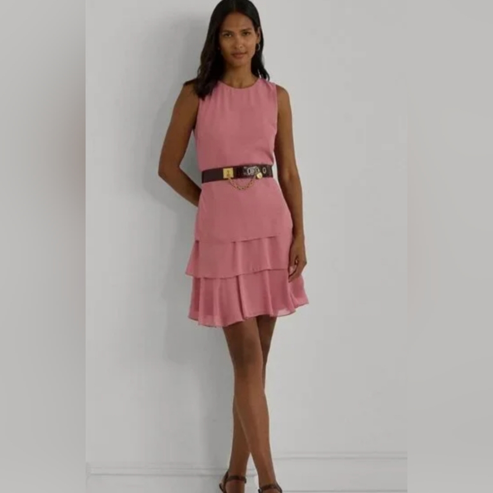 Lauren Ralph Lauren Pink Georgette Shift Dress Tiered Sleeveless Size 8 NWT